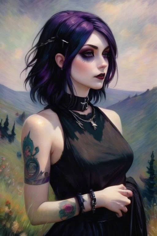 a painting of a woman with purple hair and tattoos