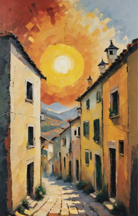 high quality abstract art, acrylic palette knife painting (by Marcel Duchamp) of a picturesque sun-bathed portuguese village, <lora:xl_MaxRos:1.5>, 4k, highly detailed