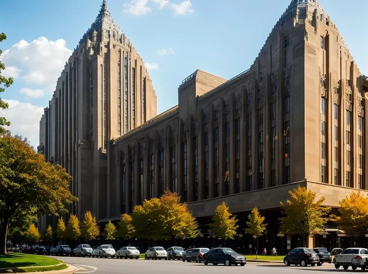 cars are parked in front of a large building with a clock tower