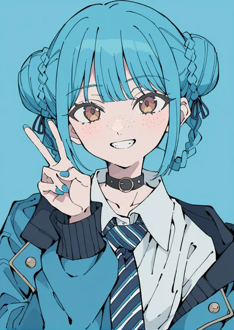 anime girl with blue hair and a tie making a peace sign