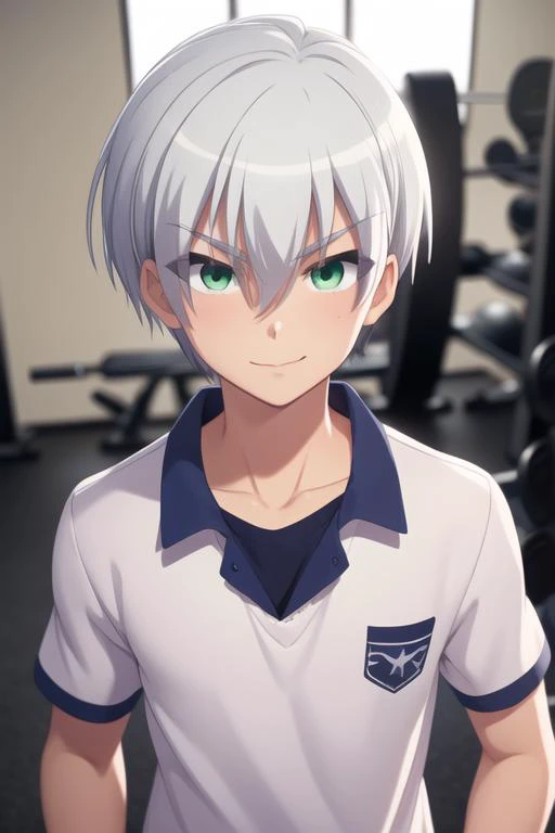 masterpiece, best quality, high quality, 1boy, solo, male focus, looking at viewer, upper body, <lora:hiroto_suzuki:0.78>, hiroto_suzuki, green eyes, white hair, , gym uniform