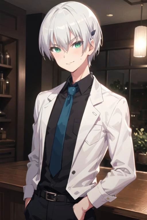 masterpiece, best quality, high quality, 1boy, solo, male focus, looking at viewer, upper body, <lora:hiroto_suzuki:0.76>, hiroto_suzuki, green eyes, white hair, , formal, necktie, dress shirt