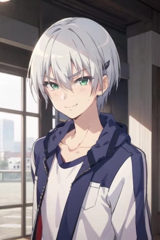 masterpiece, best quality, high quality, 1boy, solo, male focus, looking at viewer, upper body, <lora:hiroto_suzuki:0.78>, hiroto_suzuki, green eyes, white hair, , track suit