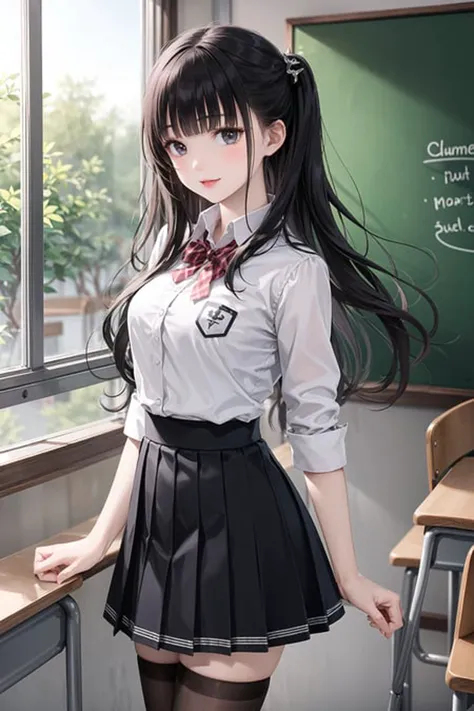 masterpieces,best quality,1girl,long hair,black hair,blunt bangs,sidelocks,school uniform,collar,short frills skirt,cowboy shot:...