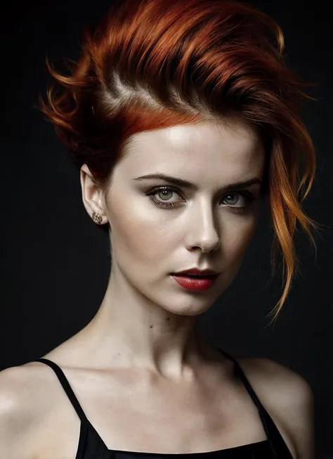 portrait of sks woman by Flora Borsi, style by Flora Borsi, bold, bright colours, orange Mohawk haircut, ((Flora Borsi)), <lora:locon_daniellesharp_v1_from_v1_64_32:1>