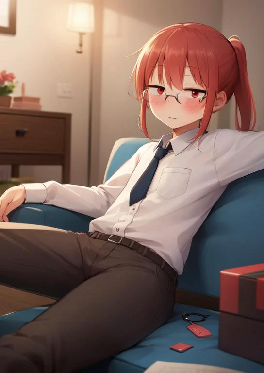 (masterpiece, best quality:1.2), extremely detailed, soft ambient lighting, sharp focus, 4K, BREAK <lora:mskobayashi:0.9>, kobayashi (maidragon), 1girl, solo, ponytail, glasses, sanpaku, red eyes, white shirt, red hair, collared shirt, pants, yellow tie, f...