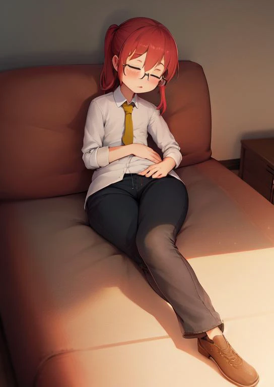 (masterpiece, best quality:1.2), extremely detailed, soft ambient lighting, sharp focus, 4K, BREAK <lora:mskobayashi:1>, kobayashi (maidragon), 1girl, solo, ponytail, glasses, sanpaku, closed eyes, white shirt, red hair, collared shirt, pants, yellow tie, ...