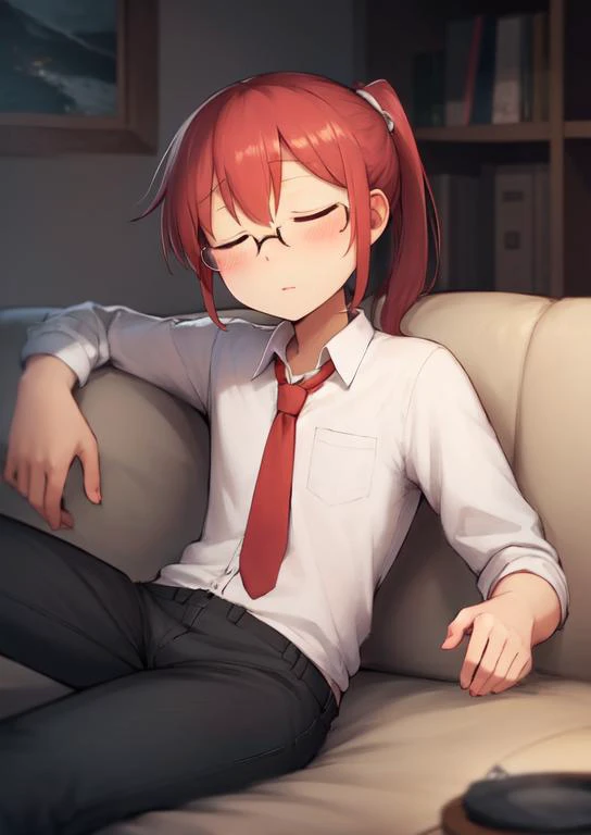 (masterpiece, best quality:1.2), extremely detailed, soft ambient lighting, sharp focus, 4K, BREAK <lora:mskobayashi:1>, kobayashi (maidragon), 1girl, solo, ponytail, glasses, sanpaku, closed eyes, white shirt, red hair, collared shirt, pants, yellow tie, ...