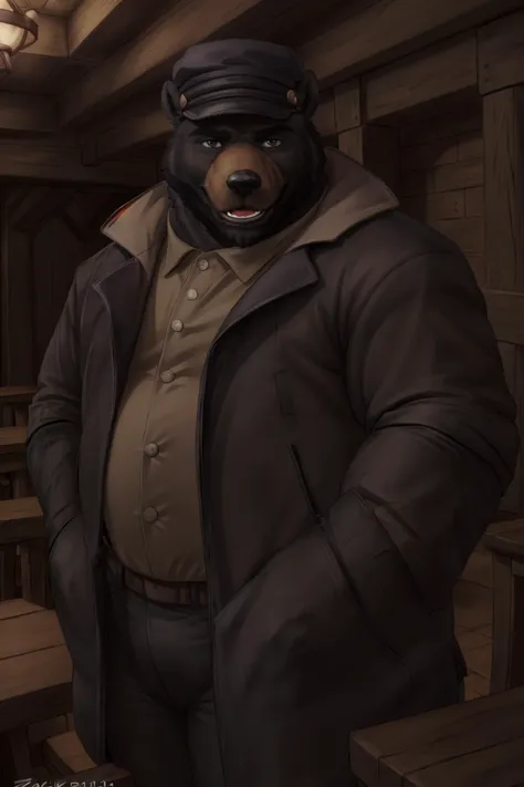 a close up of a cartoon bear in a jacket and hat