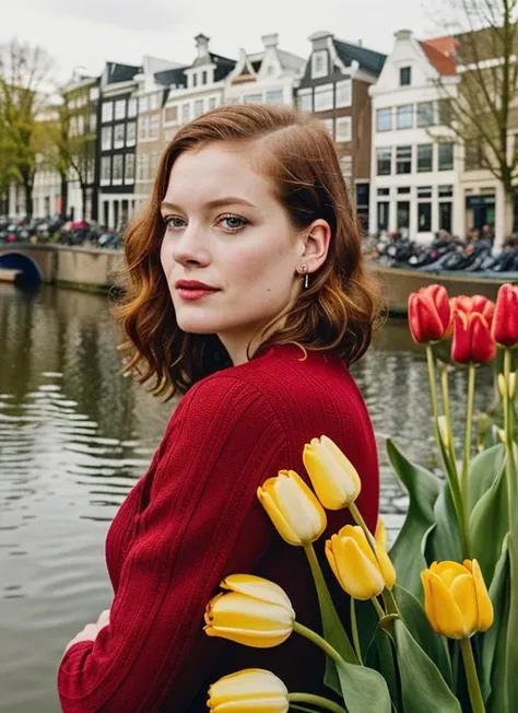 portrait of sks woman in Amsterdam, by the canals with tulips in the foreground, by Flora Borsi, style by Flora Borsi, bold, bright colours, ((Flora Borsi)), by David LaChapelle, <lora:locon_janelevy_v1_from_v1_64_32:1>