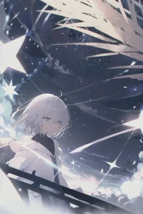 anime girl with white hair and black dress standing in front of a star