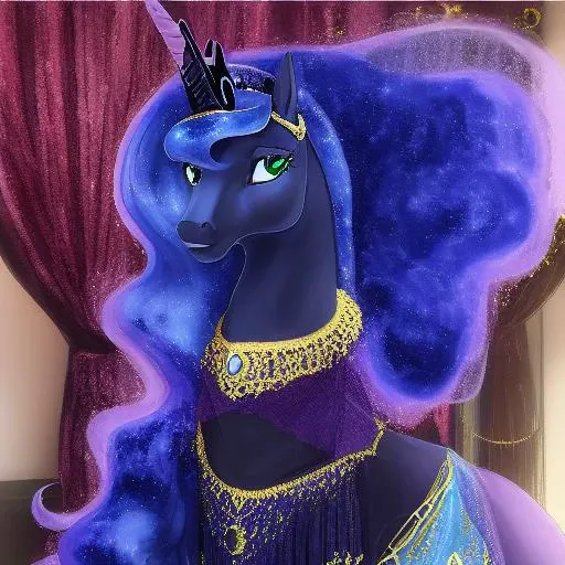 princess luna, anthro equine, equine, pony, long dress, show style, hooves, beautiful, detailed clothing, jewelry, elegant, mature,detailed eyes,beautiful, tiara, 4 legs, intricate gauze, beading, portrait