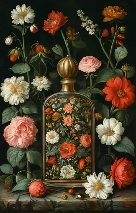 masterpiece,best quality,<lora:tbh185-sdxl:0.8>,illustration,style of ambrosius benson, A bottle of perfume in garden