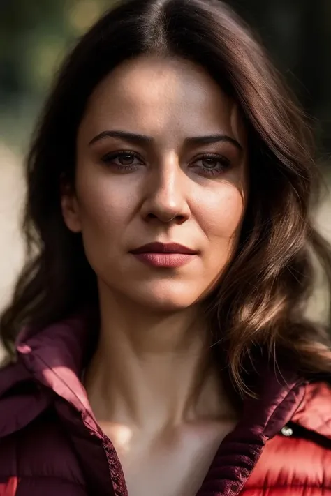 a close up of a woman in a red jacket looking at the camera