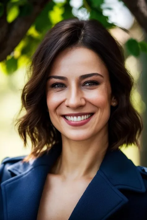 a woman with a blue jacket and a smile on her face