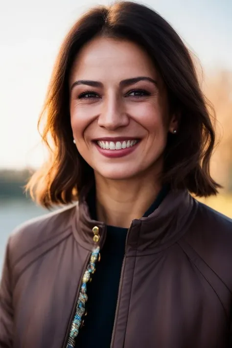 a woman with a brown jacket and a necklace smiling