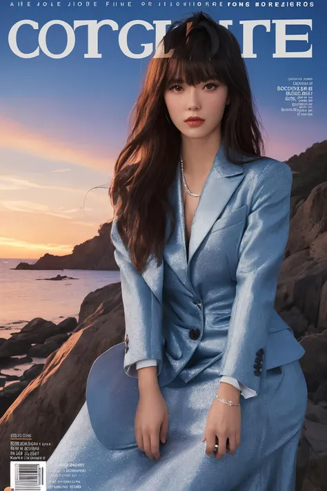 absurdres,highres,ultra detailed,(1girl:1.4),( solo:1.1),(fashion magazine cover),longhair,bangs,elegant style,cocktail dresses,tailored suits,high heels,fine jewelry,dress shoes,silk ties,raw photo,a blue sunset landscape,high detailed texture,8k uhd,dslr...