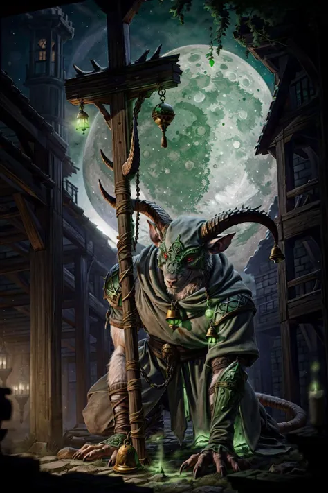 anthro male rat, skaven,  ram horns,  grey seer,red eyes, muscular male, male focus, inside medieval bell tower, midnight, (green full moon:1.2), crawling,  wearing  grey robe, grey tunic, grey cowl,  green glow, poison,  smirk,  detailed background,   war...