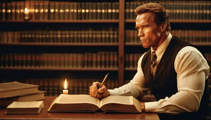 a man sitting at a desk writing in a book with a candle