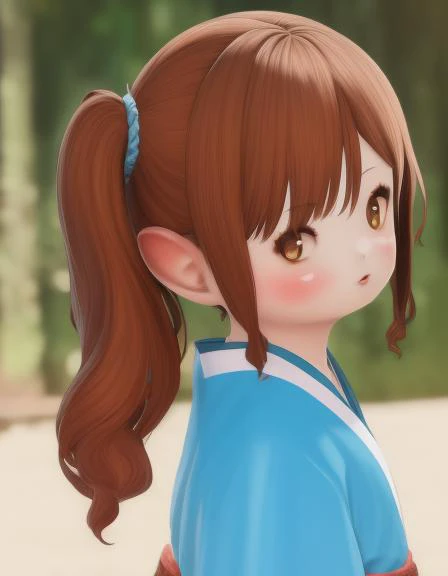 masterpiece, best quality, ultra-detailed, illustration, 1girl, brown eyes, brown hair, side ponytail, looking at viewer, <lora:lalafell ver.1:1>, kimono, from side, shiny skin,