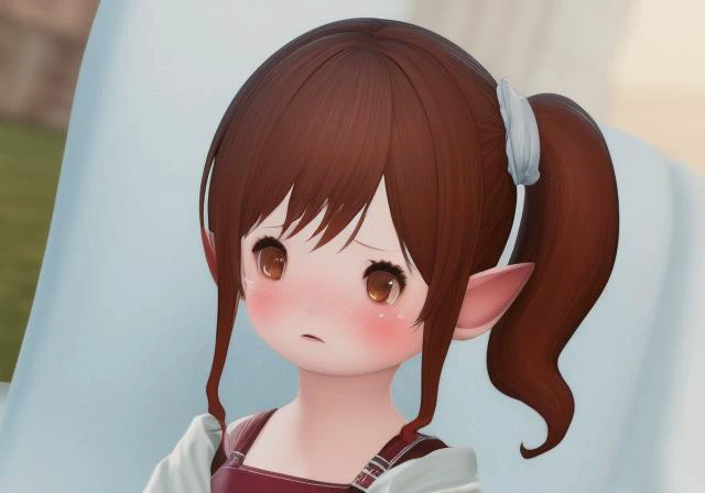 masterpiece, best quality, 1girl, brown hair, brown eyes, side ponytail, lalafell, <lora:lalafell ver.1:1>, Embarrassed_face