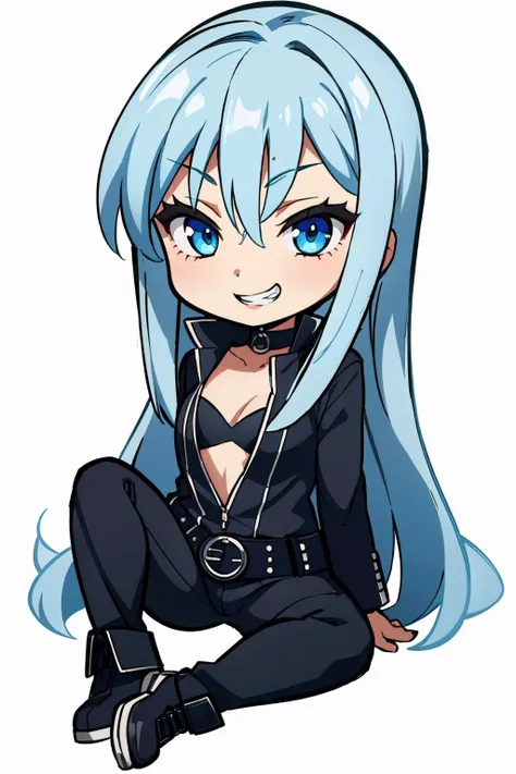 <lora:nemissa-sh-richy-v1:1> nemissa, black lips, choker, bodysuit, bra, belt, 
masterpiece, best quality, absurdres, beautiful, <lora:DarkCabalChibiStyle:0.9> chibi, white background, simple background, full body, grin