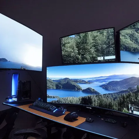 a close up of a desk with three monitors and a keyboard