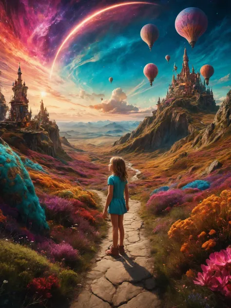 a girl standing on a path looking at a castle in the sky