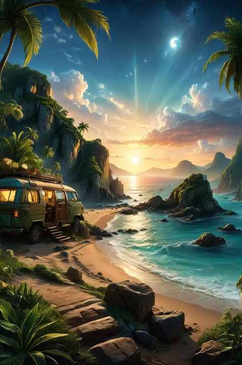 a van parked on the beach near the ocean at sunset