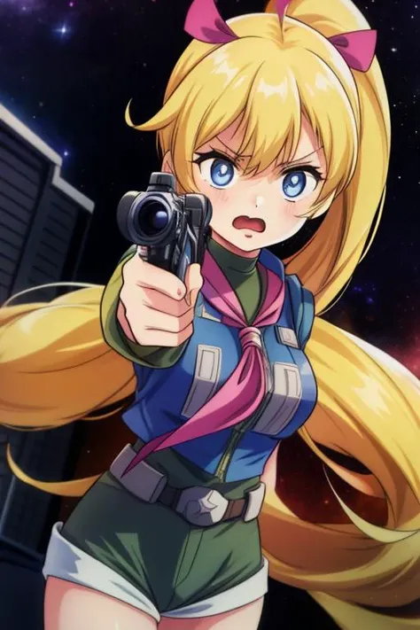 a woman in a short skirt holding a gun in front of a city