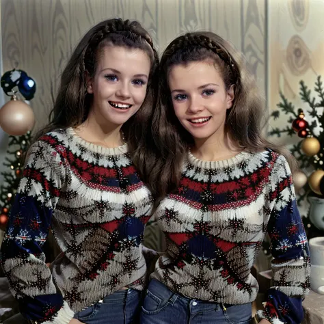 <lora:CollinsonTwins-15:1> collinsontwins smiling, wearing a Christmas sweater and blue jeans