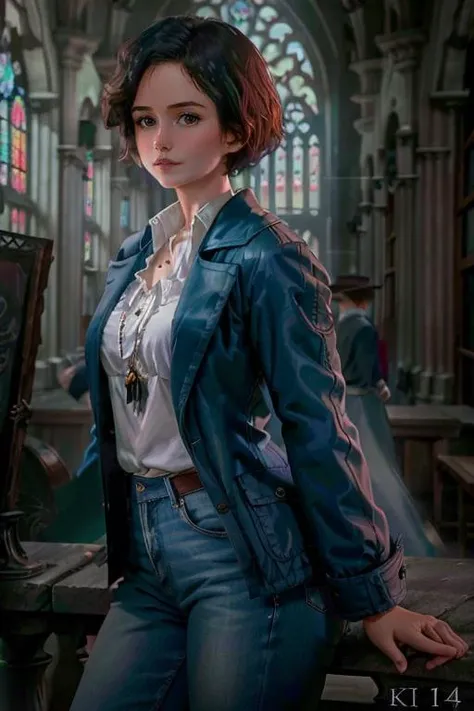 K1873W with a blue jacket, white blouse, jeans posing for a picture , large cathedral <lora:KW3:1> masterpiece, best quality, detailed face  , 1girl, realistic, solo, a mature k1873w, short_hair, black_hair