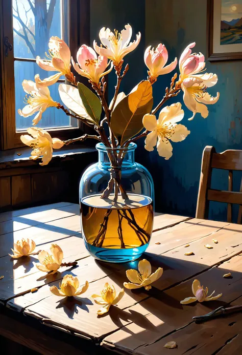 Dried rhododendron, captured in still life, emphasize desiccated petals, earthy hues, fragile form, infuse with atmospheric detail  soft sunlight, golden hour at rustic table, conclude with a Van Gogh touch, in the style of postimpressionism.