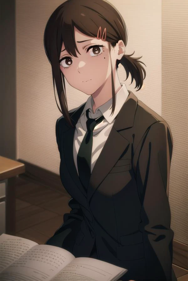 kobenihigashiyama, <lora:kobeni higashiyama s1-lora-nochekaiser:1>,
kobeni higashiyama, black hair, hair ornament, hairclip, mole, mole under eye, ponytail, short hair, (brown eyes:1.5),
BREAK black necktie, black pants, business suit, formal, long sleeves...