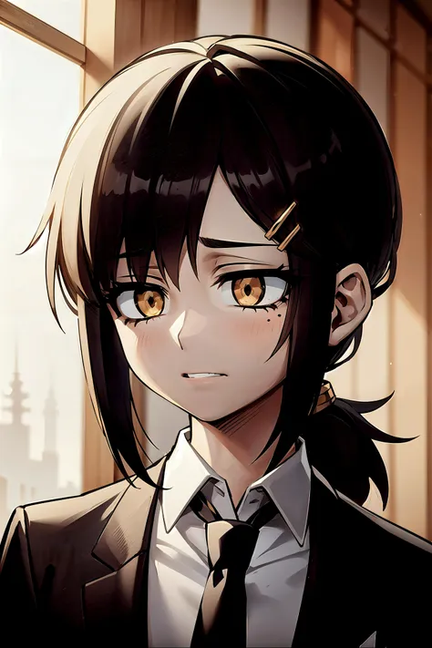 anime girl with black hair and yellow eyes in a suit