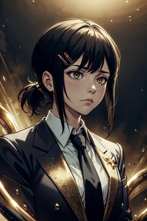 anime girl with black hair and a gold tie