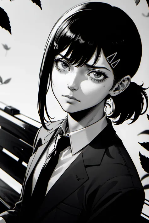 anime girl with black hair and a black suit and tie