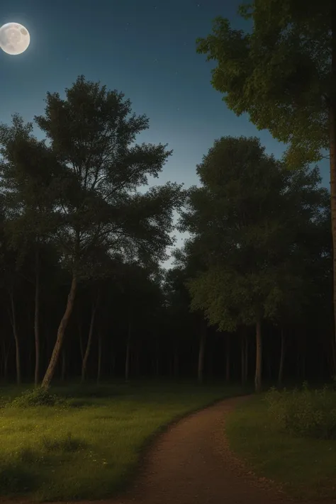 a view of a path through a forest with a full moon in the sky