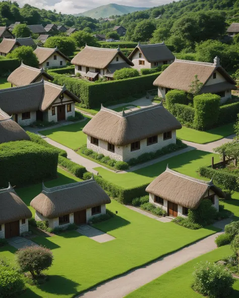 A serene village nestled amidst rolling hills, each thatched roof and cobblestone path capturing the intricate details of rustic architecture and serene natural surroundings (rustic architecture:0.9, tranquil landscapes:0.8, detailed terrain:0.7).