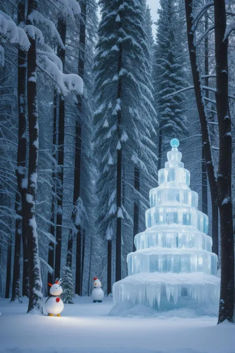 there is a snowman that is standing in the middle of a forest