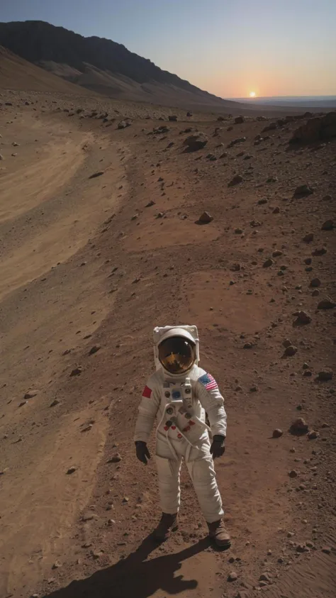 an astronaut walking on a dirt road in the desert