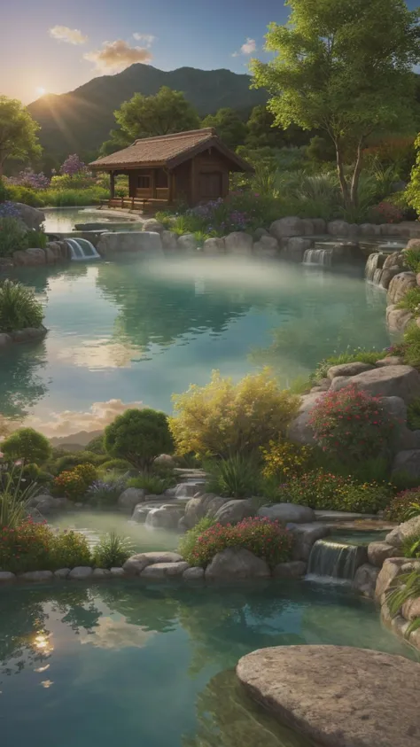 painting of a small pond with a waterfall and a cabin in the background