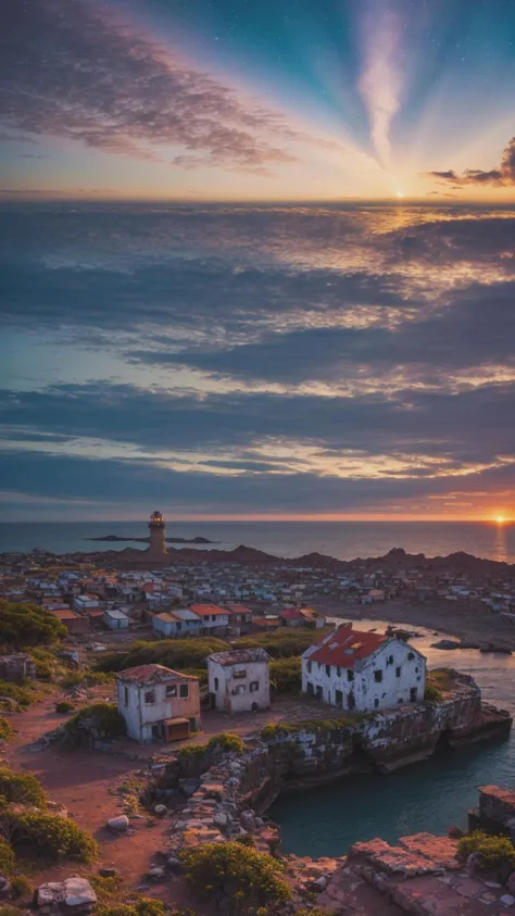 a view of a lighthouse on a rocky island with a sunset in the background