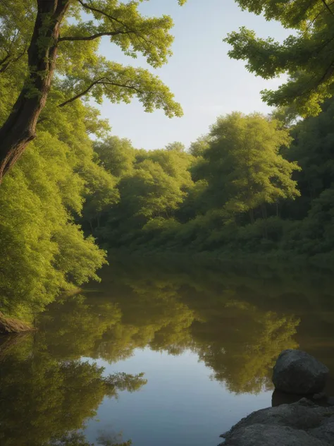 A tranquil riverside, vibrant foliage reflecting on the glassy surface, natures artwork mirrored in still waters, photographed using a lens that captures the natural hues and intricate details of the serene scene (reflective serenity:0.9, natural beauty:0....