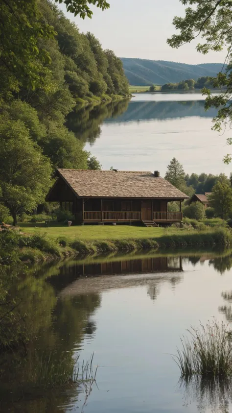 there is a small cabin on the shore of a lake