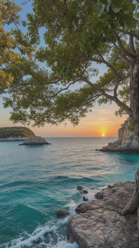 a view of a tree on a rocky shore with a sunset in the background