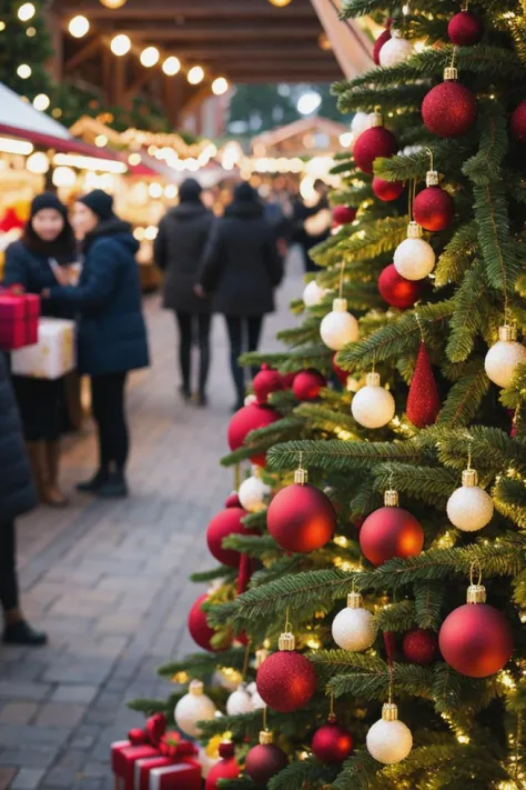 Amidst a bustling Christmas market, vendors trade unique, detailed gifts captured in macro shots, emphasizing intricate craftsmanship and vibrant colors.