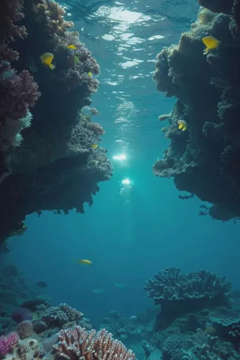 a view of a coral reef with a lot of fish swimming around