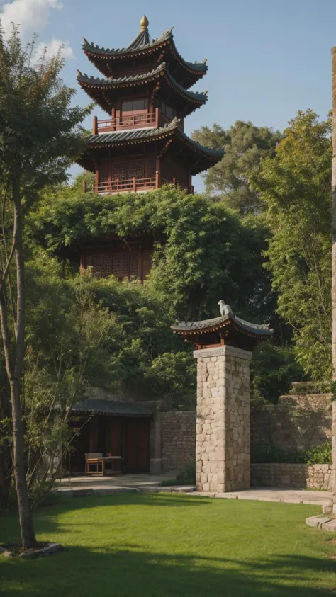 arafed pagoda in a park with a stone wall and a green lawn