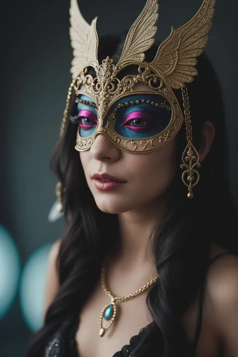 a woman wearing a gold mask with wings and a necklace